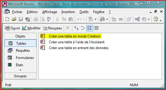 Créer une table en mode création