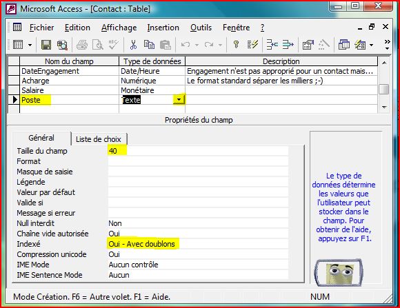 Création du champ Poste
