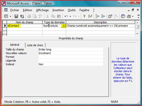 Création Clé primaire