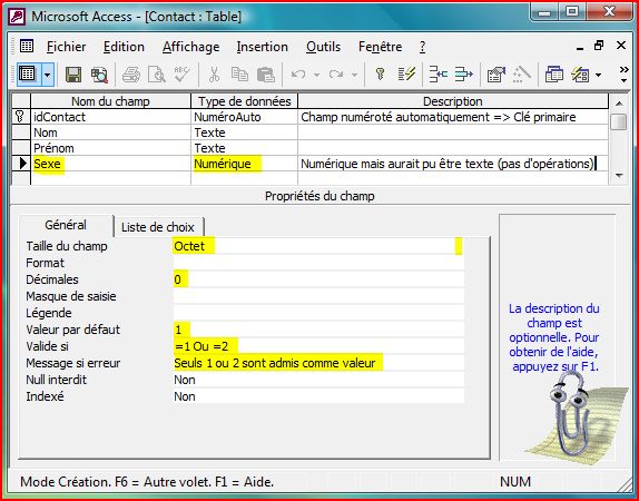 Création du champ Sexe