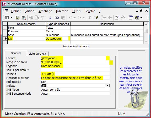 Création du champ Date de naissance