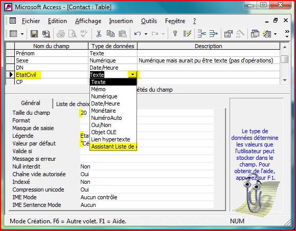 Création du champ Etat-civil