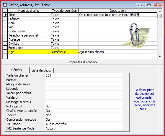 Détails de la Table