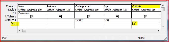(Cp5000 + Age>50) ou alors Civilités=2