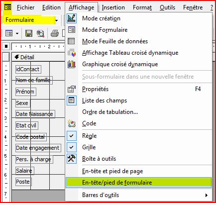 Menu pour afficher l'en-tte de formulaire